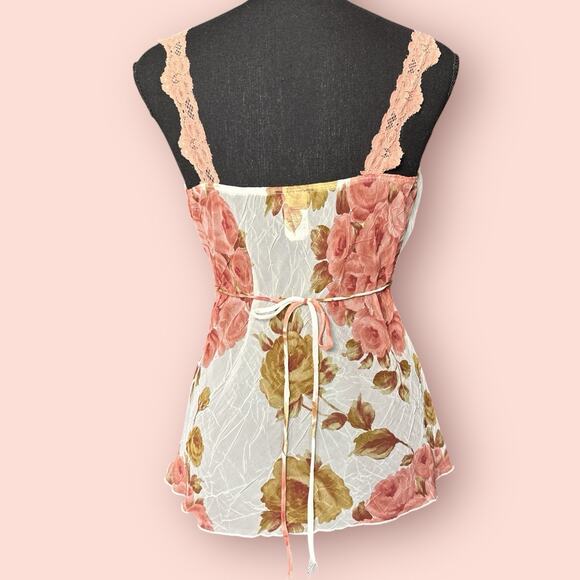 Y2K VTG Babydoll Tank Cami Floral Lace Club Fairycore Coquette Whimsygoth Sheer - Picture 2 of 5
